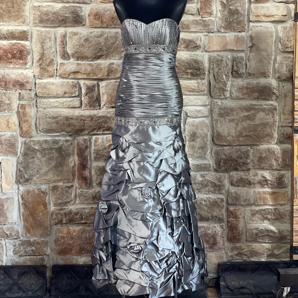 NWT Royal Queen Pewter Taffeta Gown, Size 8